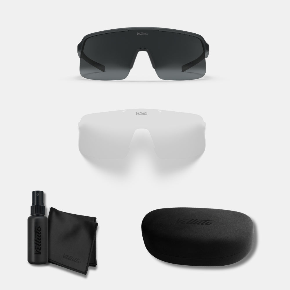 Gravel Bike Bundle | Fahrradbrille + Transparentes Wechselglas + Etui + Tuch + Spray + Trinkflasche (Geschenk)