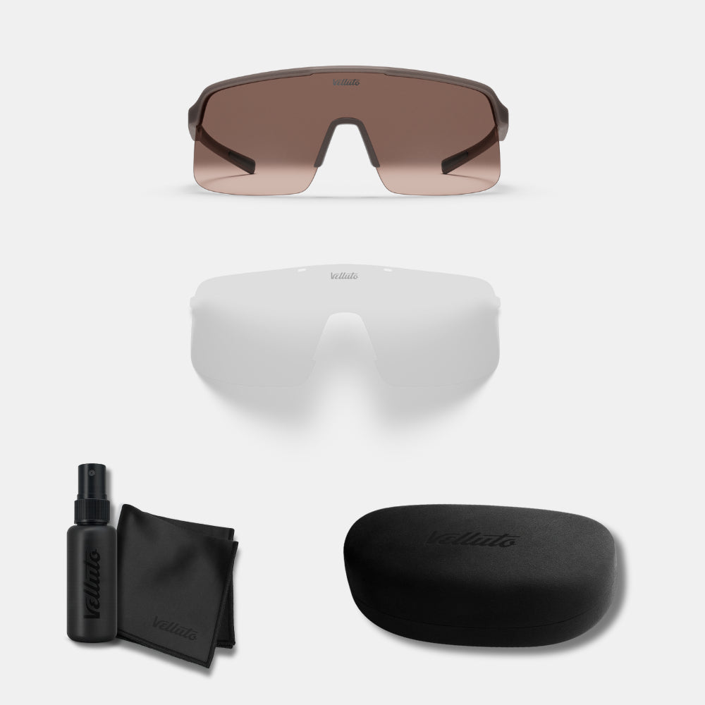 Gravel Bike Bundle | Fahrradbrille + Transparentes Wechselglas + Etui + Tuch + Spray + Trinkflasche (Geschenk)
