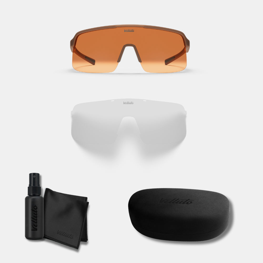 Gravel Bike Bundle | Fahrradbrille + Transparentes Wechselglas + Etui + Tuch + Spray + Trinkflasche (Geschenk)