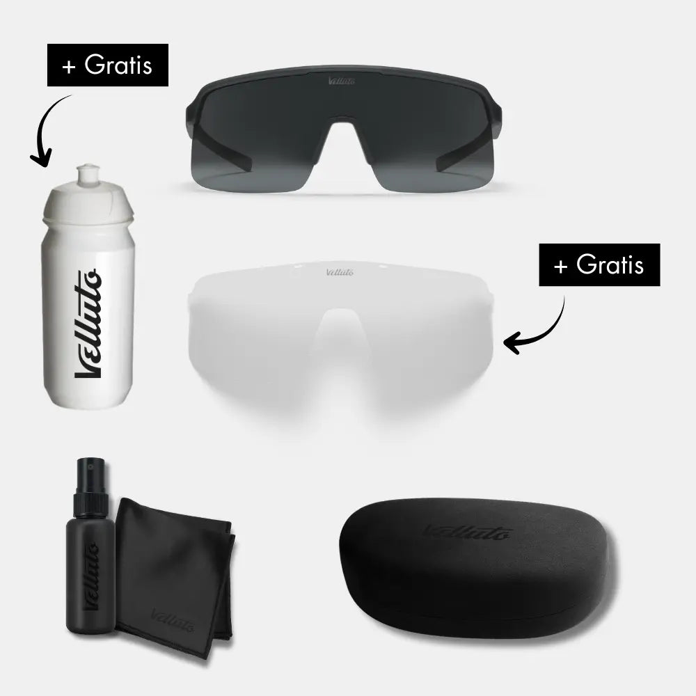 Herbst Angebot | Fahrradbrille + Transparentes Wechselglas + Etui + Tuch + Spray + Trinkflasche (Geschenk)