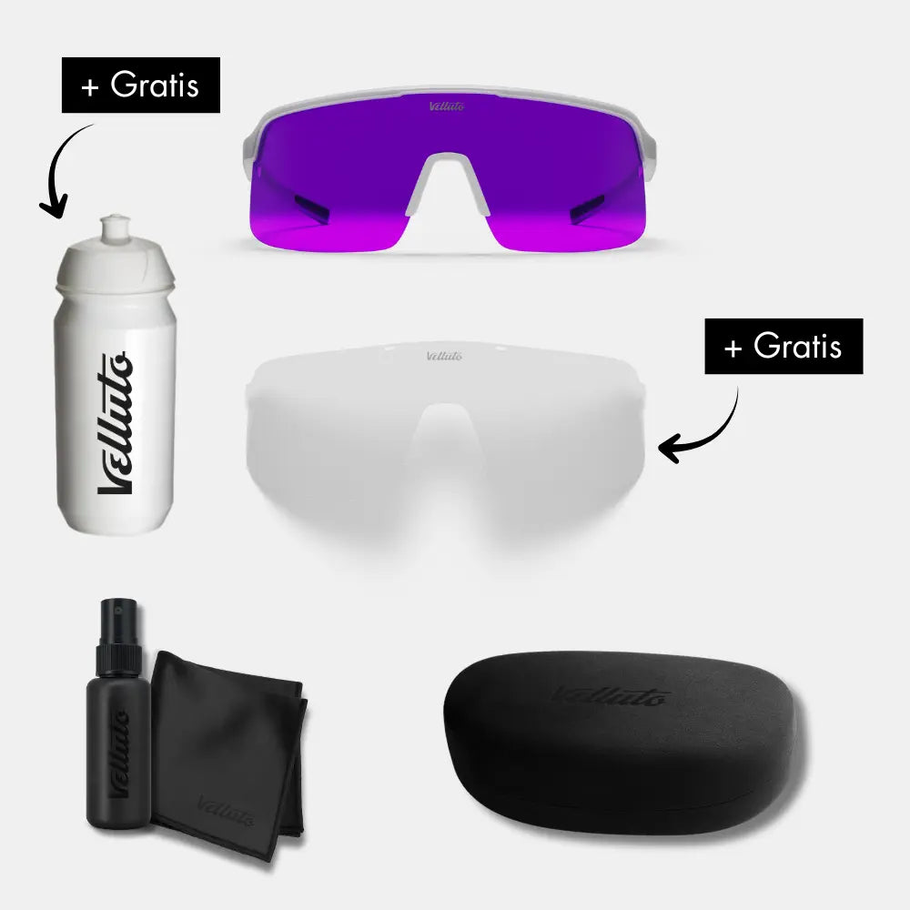 Herbst Angebot | Fahrradbrille + Transparentes Wechselglas + Etui + Tuch + Spray + Trinkflasche (Geschenk)