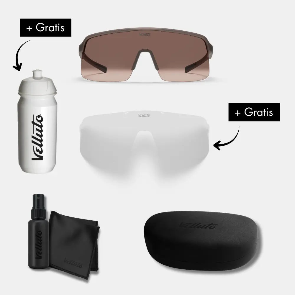 Herbst Angebot | Fahrradbrille + Transparentes Wechselglas + Etui + Tuch + Spray + Trinkflasche (Geschenk)
