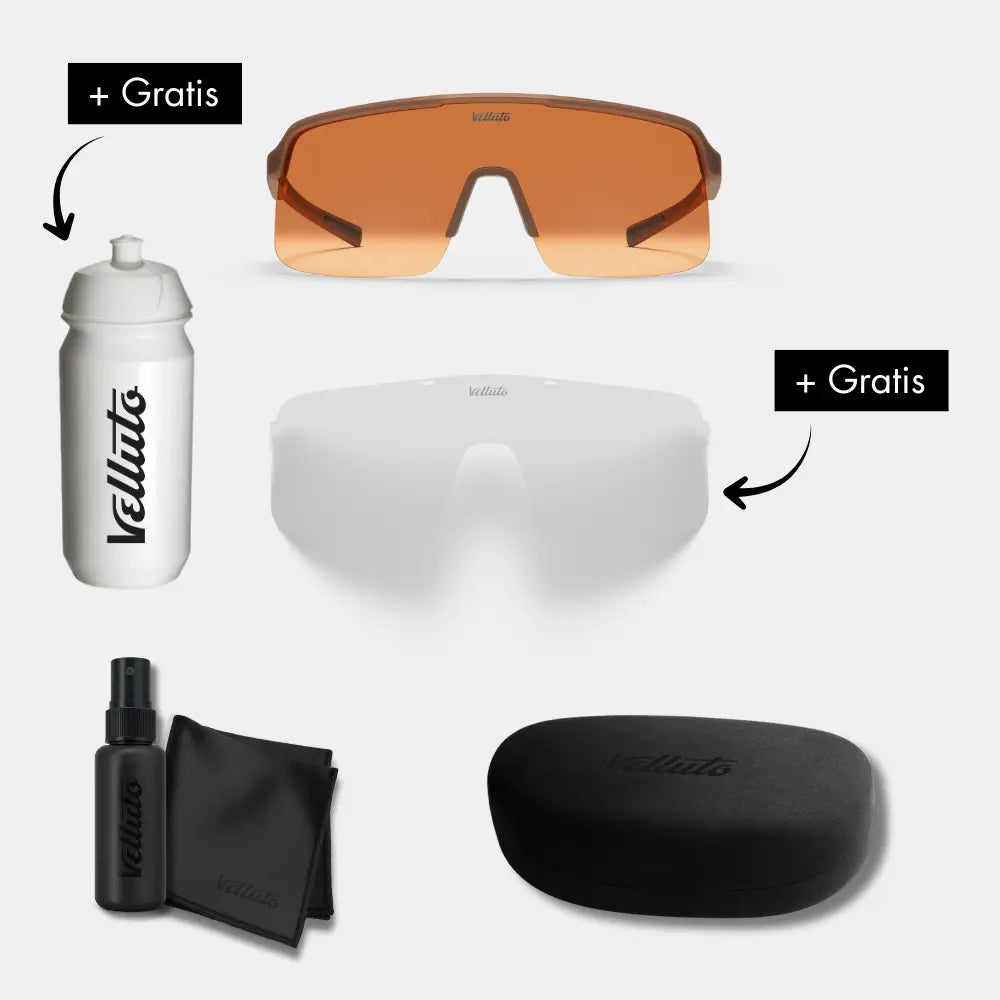 Herbst Angebot | Fahrradbrille + Transparentes Wechselglas + Etui + Tuch + Spray + Trinkflasche (Geschenk)